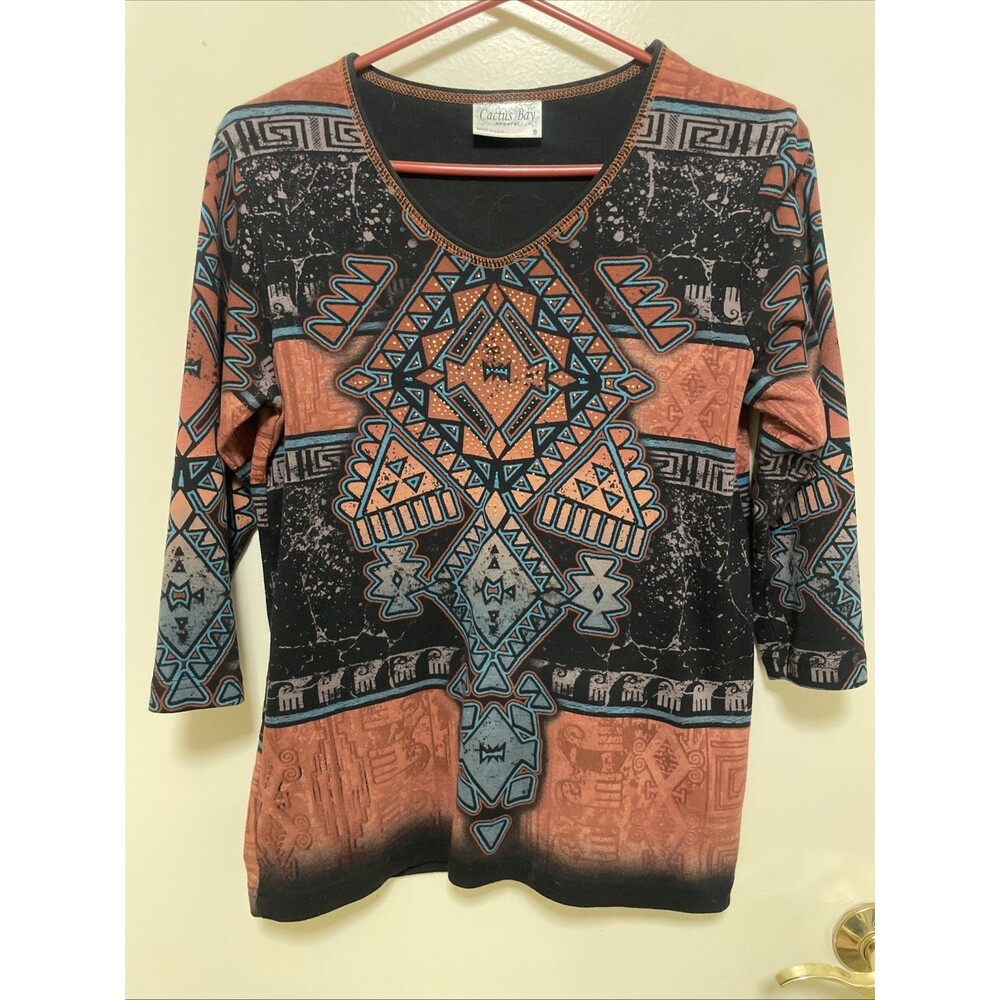 Cactus Bay Womens Boho Aztec Print Top V Neck Brown Blue Tunic 3/4 Sleeve Small